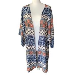HUMMINGBIRD Patchwork Longline Open Front Kimono Cardigan Sz XS